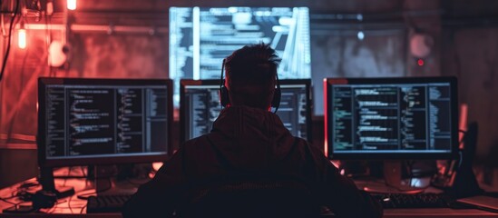 Hacker using malware to crack passwords; monitors show code, criminal works in abandoned warehouse. - obrazy, fototapety, plakaty