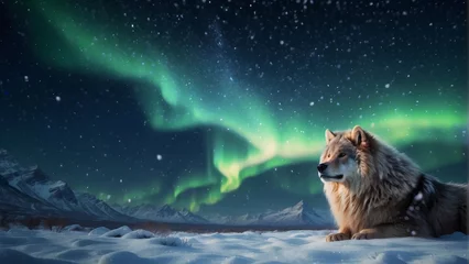 Papier Peint photo Lavable Aurores boréales White wolf sitting in the snow against the backdrop of the starry sky and aurora borealis