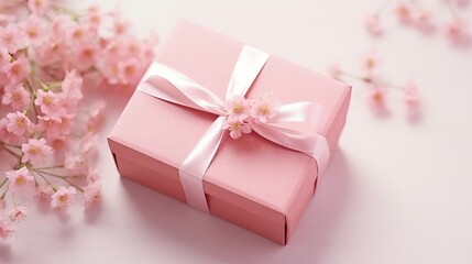 Happy womens day lettering greeting card. Gift box with pink ribbon dry pink flowers. Bright light pastel concept. Woman