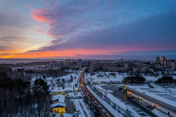 Aerial winter morning view of beautiful clouds sky in Fabijoniškės and Šeškinė district in Vilnius, Lithuania