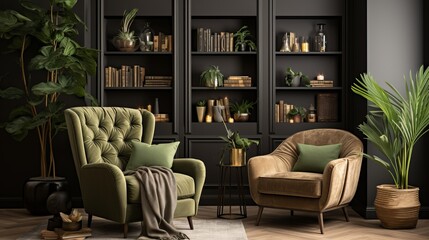 Interior design of luxury living room with stylish armchair, gold liquor cabinet, a lot of plants and elegant personal accessories. Green wall panelling with shelf. Modern home decor. Template.