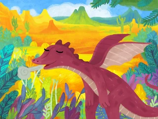 Foto op Canvas cartoon scene with forest jungle meadow wildlife with dragon dino dinosaur animal zoo scenery illustration for children © honeyflavour