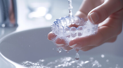 Close-up of clear dental aligners being thoroughly cleaned under a stream of running water, highlighting oral hygiene and care for orthodontic appliances against a clean, bright background - obrazy, fototapety, plakaty