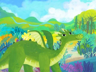 Gordijnen cartoon scene with forest jungle meadow wildlife with dragon dino dinosaur animal zoo scenery illustration for children © honeyflavour