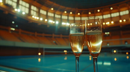 Cinematic wide angle photograph of two glasses of champagne at an olympic gymnasthics stadium. Product photography. - obrazy, fototapety, plakaty