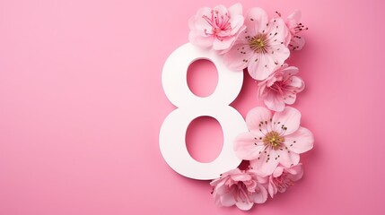 International Women's Day. Banner, flyer, beautiful postcard for March 8. Flowers and butterflies in the shape of the number eight on a pink background