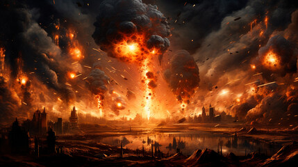 a city with a lot of fire and smoke