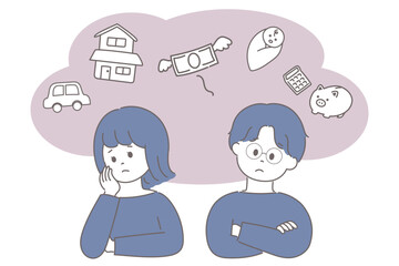 将来やお金の不安を抱える男女のイラスト