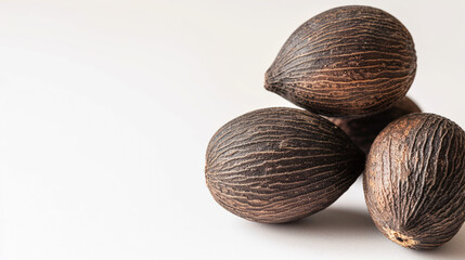 The Close Up Photography of Three Nutmeg Seeds, Textured Detail, Isolated On White, Perfect For Educational Content Or Spice Displays.