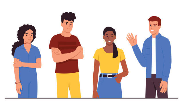 Vector illustration of young boys and girls standing. Cartoon scene of light-skinned and dark-skinned boys and girls standing in different poses and gestures isolated on a white background.