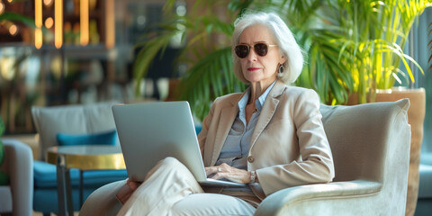 Businesslike senior old lady woman using laptop on a tropical luxury beach resort. Mature businesswoman in suit working on computer on the beach. Freelance online remote work freedom concept
