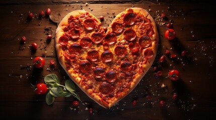 Pepperoni pizza in the shape of a heart for Valentine's Day holiday. toning