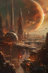 Fototapeta premium An image showing a futuristic city with some buildings and a planet in the background.