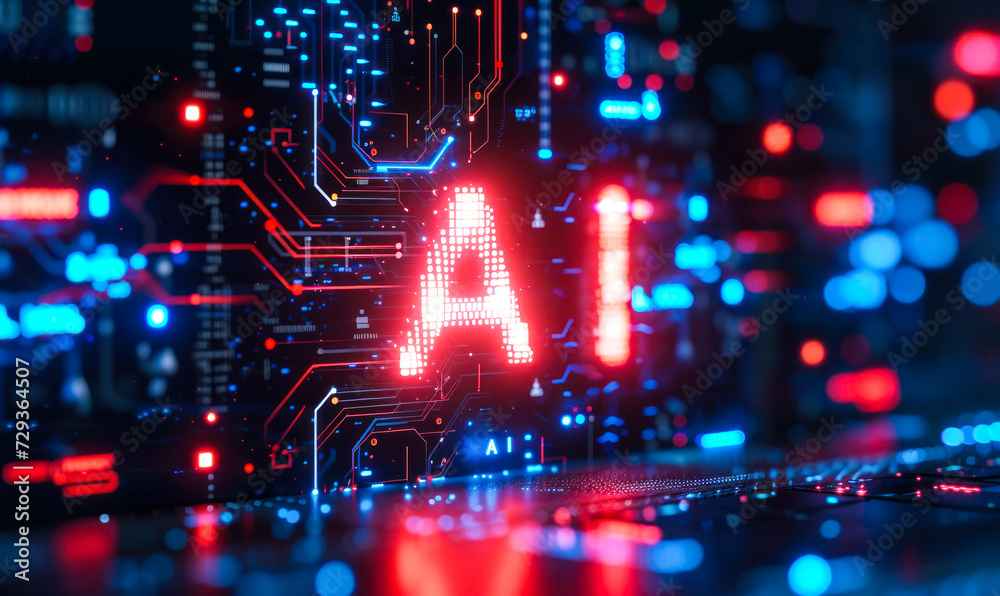 Poster futuristic ai technology concept with 'ai' text illuminated on a circuit board, representing artific
