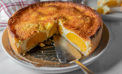 Peach pie with sour cream filling. Delicious german fruitcake