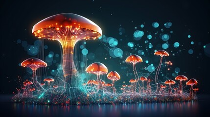 Abstract background with a growing digital mushroom. Machine learning and big data array visual concept. Generative AI - obrazy, fototapety, plakaty