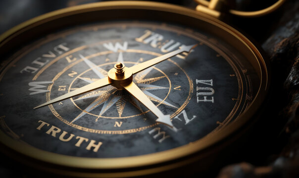 Conceptual compass with golden needle pointing to the word TRUTH symbolizing the pursuit of truth and integrity in direction and guidance