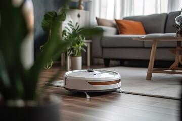 Robotic vacuum cleaner on wooden floor near living room carpet with green plants in background.
