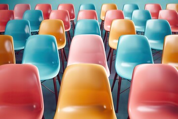 Obraz premium A Vibrant Array of Multicolored Chairs Arranged in Rows, Illustrating Diversity and Unity in a Modern Setting