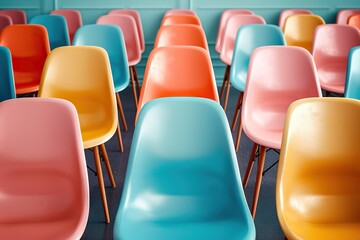 Obraz premium A Vibrant Array of Multicolored Chairs Arranged in Rows, Illustrating Diversity and Unity in a Modern Setting