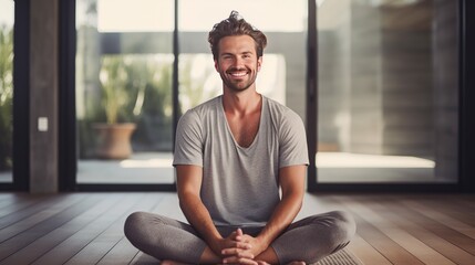Smiling young man meditating at home - obrazy, fototapety, plakaty