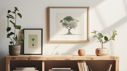 Spring composition of cozy living room interior with mock up poster frame, wooden bench, green stands, stylish lamp, beige bowl, olive tree and personal accessories. Home decor. Template.
