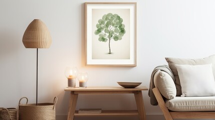 Spring composition of cozy living room interior with mock up poster frame, wooden bench, green stands, stylish lamp, beige bowl, olive tree and personal accessories. Home decor. Template.