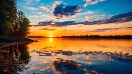 Sunset at coast of the lake. Nature landscape. Nature in northern Europe. reflection, blue sky and yellow sunlight. landscape during sunset