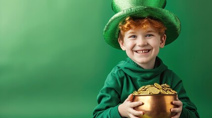 Redhead boy in green hat holding a pot of gold on Saint Patricks Day isolated on green background