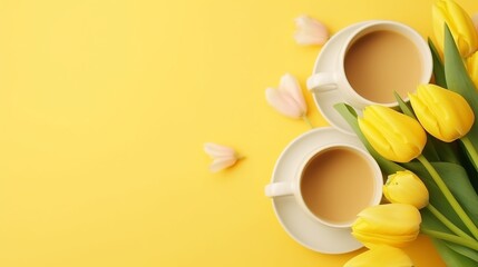 Obraz na płótnie Canvas Two cups of coffee, a delicate bouquet of tulips and numbers. Greeting card for Women's Day on March 8. Fashionable yellow background. March 8 and the concept of 