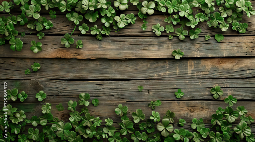 Wall mural lucky irish four leaf clover border on the grunge wood background for st. patricks day holiday symbo