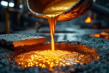 The process of molten gold being carefully poured into a mold at a foundry, capturing the creation of a gold bar. - obrazy, fototapety, plakaty