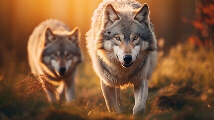 Two wolves - Canis lupus hidden in a meadow. Wildlife scene from Poland nature. Dangerous animal in nature forest and meadow habitat. Gray wolf in the morning light. Family