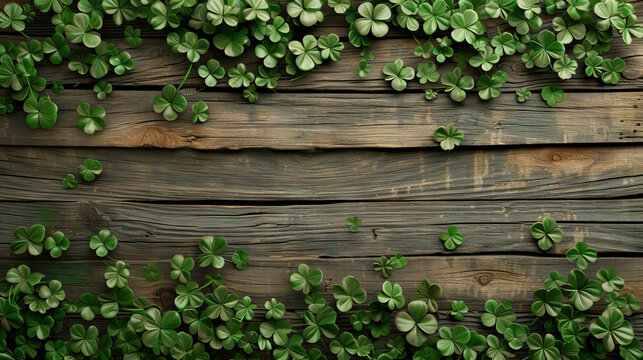 Lucky Irish Four Leaf Clover  border on the grunge wood background for St. Patricks Day holiday symbol with copy space - AI Generated