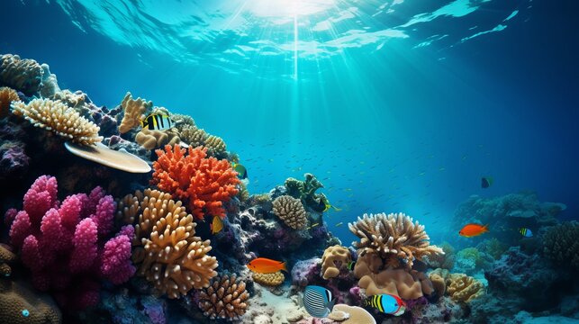 Underwater coral reef landscape wide panorama background  in the deep blue ocean with colorful fish and marine life