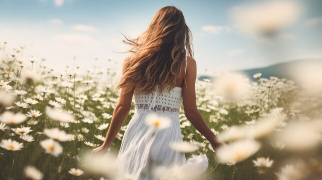 Evoke a sense of calmness by photographing a field of daisies with beautiful woman in white dress , where white blooms sway gently in the breeze.