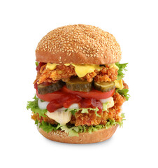 Delicious burger with crispy chicken patty isolated on white
