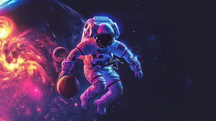 Fototapeta na wymiar An astronaut effortlessly dribbles a basketball in the midst of a colorful cosmic nebula with a fiery sun and planets in the distance.