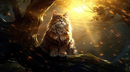A majestic cat perched atop a towering tree, its fur glistening in the sunlight and its eyes filled with curiosity - obrazy, fototapety, plakaty