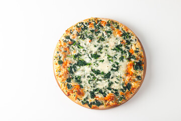 Vegetarian pizza with spinach, arugula, pesto, cheese and parmesan. Italian cuisine. 