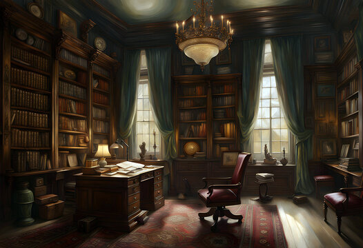 Interior of an old fashioned study with book lined shelves and a writing desk