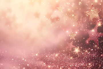 Birthday Background Pastel Peach Colours delicate powder pink Glitter Stars falling with soft caramel brown copy space 