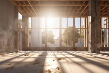 concrete structure in construction site building with sunlight, generative AI.
