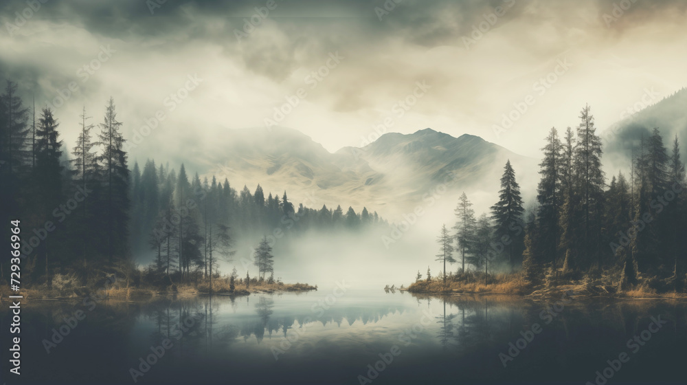 Wall mural Misty mountain landscape the forest with lake morning, generative AI.