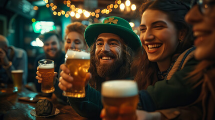 Group of friends toasting with beer in pub. St. Patrick's Day celebration - AI Generated  - obrazy, fototapety, plakaty