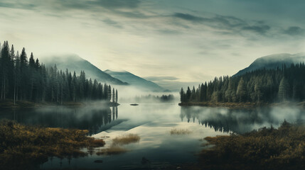 Fototapeta premium Misty mountain landscape the forest with lake morning, generative AI.