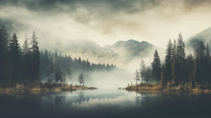 Misty mountain landscape the forest with lake morning, generative AI.