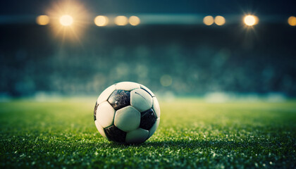 Fototapeta premium Football or soccer ball lying on the playing field in a large stadium. Arena stands with spectators and spotlights in background. Copy Space, text space, Soccer event invitation, banner