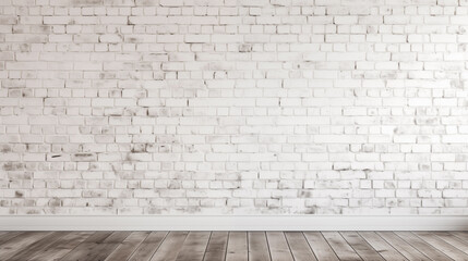 white brick wall panorama background and texture with wooden floor, generative AI.