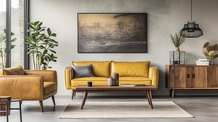 Vintage and cozy space of dining room with mock up poster frame, yellow sofa, wooden coffee table, guitar, plants, commode, decoration and personal accessories. Stylish home decor. Template.